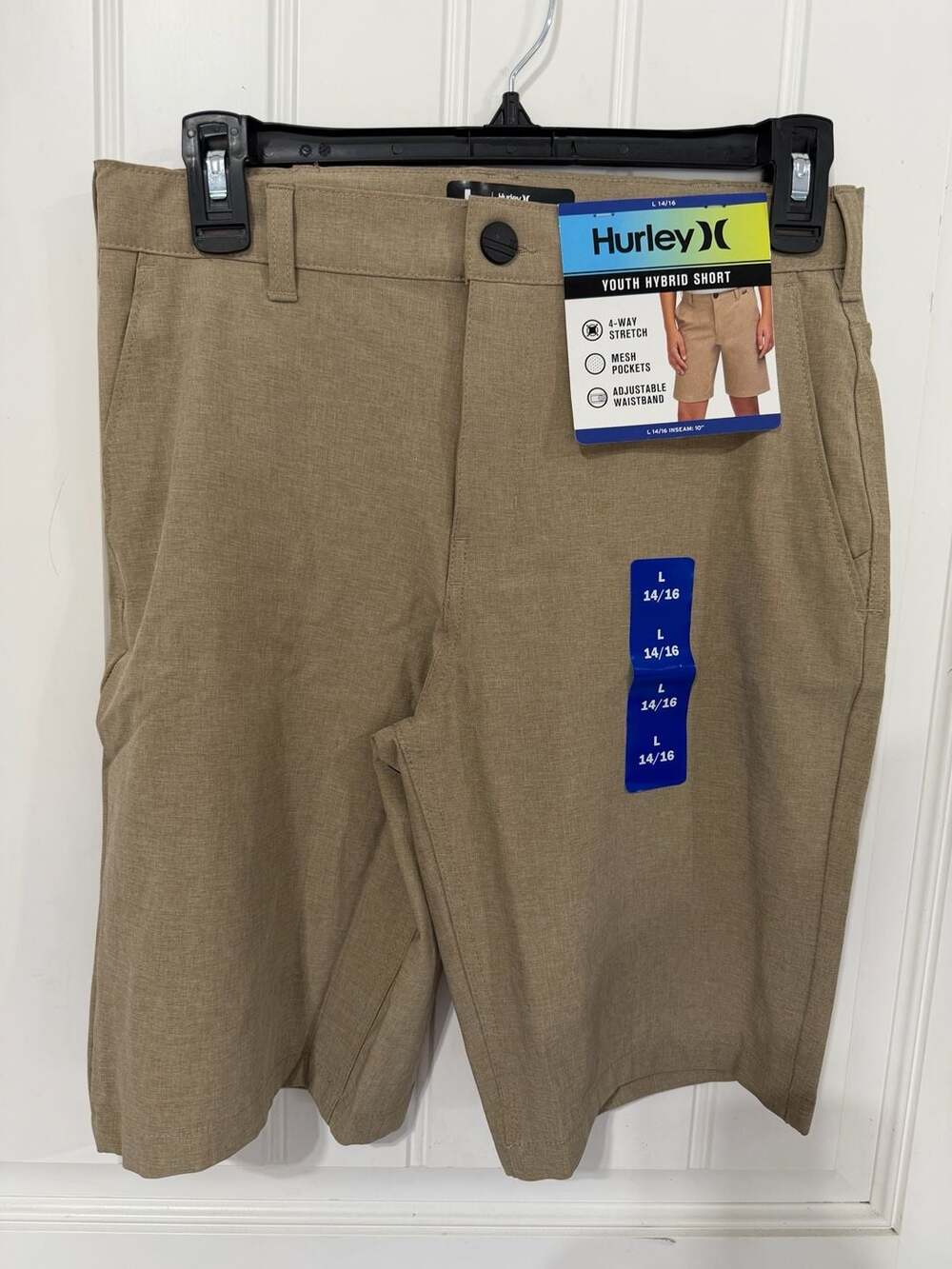 Hurley Youth Hybrid Shorts Khaki 4-Way Stretch Adjustable Waistband Size L 14/16